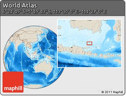Shaded Relief Location Map of the Area around 6° 7' 16" S, 113° 58' 29" E
