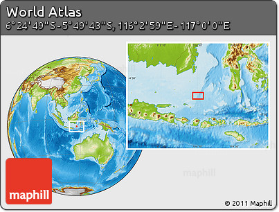 Physical Location Map of the Area around 6° 7' 16" S, 116° 31' 30" E