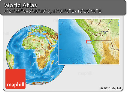 Physical Location Map of the Area around 6° 7' 16" S, 11° 58' 29" E
