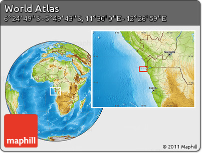 Physical Location Map of the Area around 6° 7' 16" S, 11° 58' 29" E