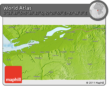 Physical 3D Map of the Area around 6° 7' 16" S, 12° 49' 29" E