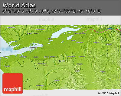 Physical 3D Map of the Area around 6° 7' 16" S, 12° 49' 29" E