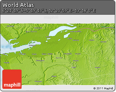 Physical 3D Map of the Area around 6° 7' 16" S, 12° 49' 29" E