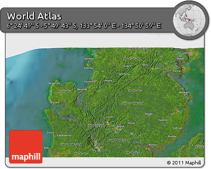 Satellite 3D Map of the Area around 6° 7' 16" S, 134° 22' 30" E