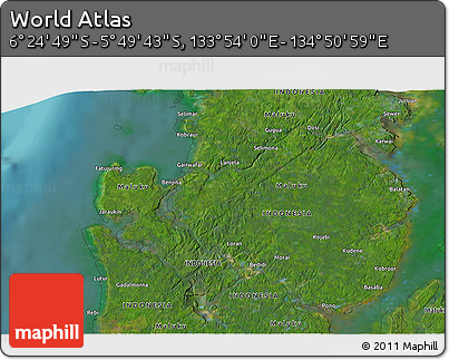 Satellite 3D Map of the Area around 6° 7' 16" S, 134° 22' 30" E