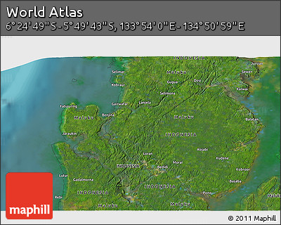 Satellite 3D Map of the Area around 6° 7' 16" S, 134° 22' 30" E