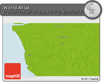 Physical 3D Map of the Area around 6° 7' 16" S, 138° 37' 30" E