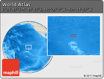 Shaded Relief Location Map of the Area around 6° 7' 16" S, 140° 10' 30" W