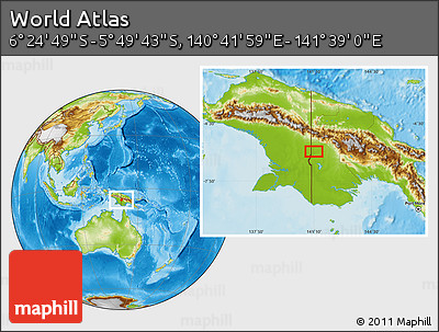 Physical Location Map of the Area around 6° 7' 16" S, 141° 10' 30" E