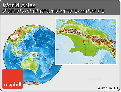 Physical Location Map of the Area around 6° 7' 16" S, 141° 10' 30" E