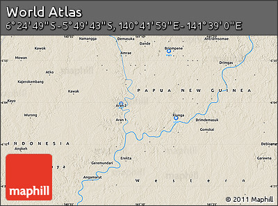 Shaded Relief Map of the Area around 6° 7' 16" S, 141° 10' 30" E