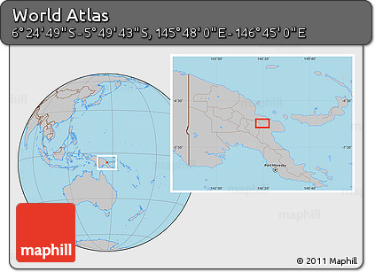 Gray Location Map of the Area around 6° 7' 16" S, 146° 16' 30" E