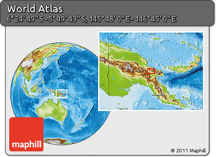 Physical Location Map of the Area around 6° 7' 16" S, 146° 16' 30" E