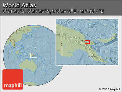 Savanna Style Location Map of the Area around 6° 7' 16" S, 146° 16' 30" E, hill shading