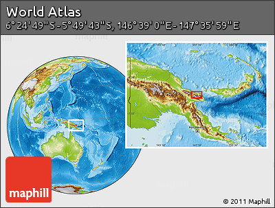 Physical Location Map of the Area around 6° 7' 16" S, 147° 7' 30" E