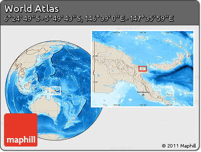 Shaded Relief Location Map of the Area around 6° 7' 16" S, 147° 7' 30" E