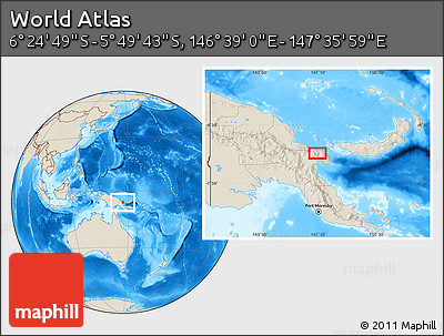 Shaded Relief Location Map of the Area around 6° 7' 16" S, 147° 7' 30" E