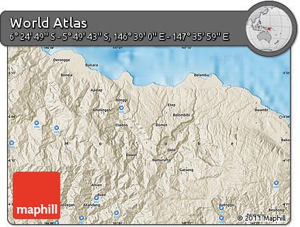 Shaded Relief Map of the Area around 6° 7' 16" S, 147° 7' 30" E
