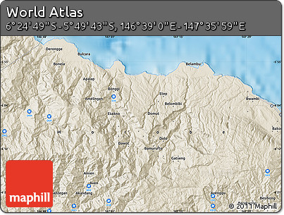 Shaded Relief Map of the Area around 6° 7' 16" S, 147° 7' 30" E