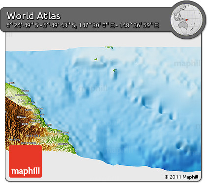 Physical 3D Map of the Area around 6° 7' 16" S, 147° 58' 29" E