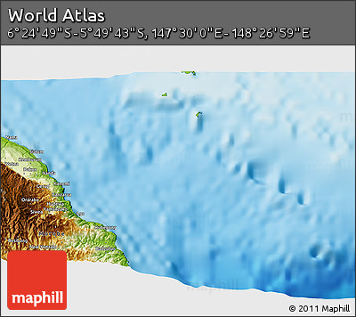 Physical 3D Map of the Area around 6° 7' 16" S, 147° 58' 29" E