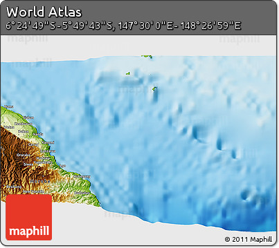 Physical 3D Map of the Area around 6° 7' 16" S, 147° 58' 29" E