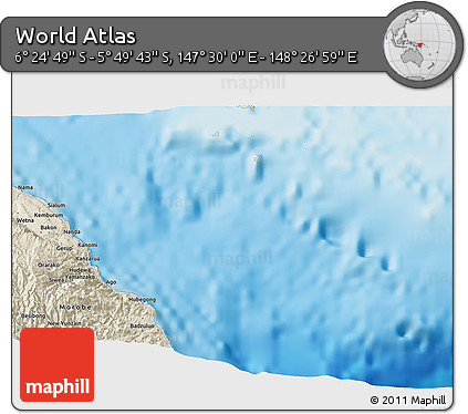 Shaded Relief 3D Map of the Area around 6° 7' 16" S, 147° 58' 29" E
