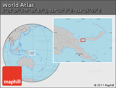 Gray Location Map of the Area around 6° 7' 16" S, 147° 58' 29" E