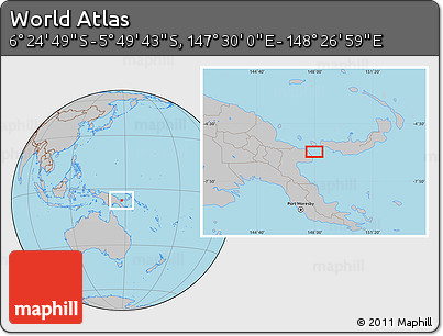 Gray Location Map of the Area around 6° 7' 16" S, 147° 58' 29" E