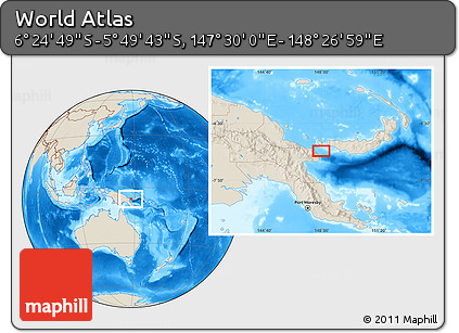 Shaded Relief Location Map of the Area around 6° 7' 16" S, 147° 58' 29" E