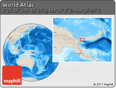 Shaded Relief Location Map of the Area around 6° 7' 16" S, 147° 58' 29" E