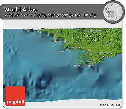 Satellite 3D Map of the Area around 6° 7' 16" S, 148° 49' 29" E
