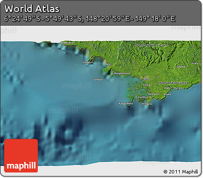 Satellite 3D Map of the Area around 6° 7' 16" S, 148° 49' 29" E