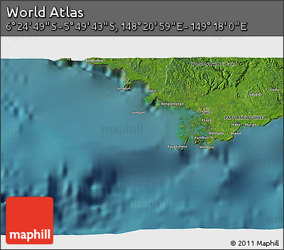 Satellite 3D Map of the Area around 6° 7' 16" S, 148° 49' 29" E