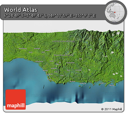 Satellite 3D Map of the Area around 6° 7' 16" S, 149° 40' 30" E