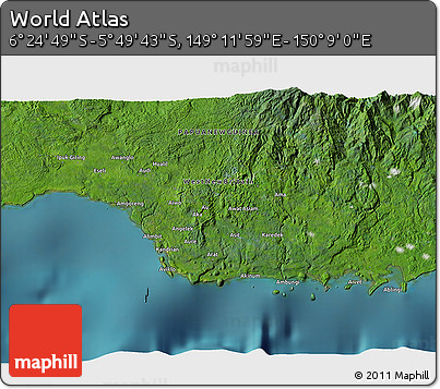 Satellite 3D Map of the Area around 6° 7' 16" S, 149° 40' 30" E