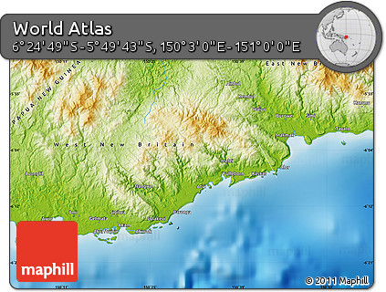 Physical Map of the Area around 6° 7' 16" S, 150° 31' 30" E