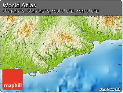 Physical Map of the Area around 6° 7' 16" S, 150° 31' 30" E