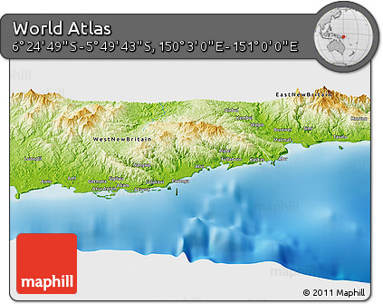 Physical Panoramic Map of the Area around 6° 7' 16" S, 150° 31' 30" E