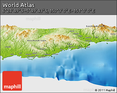 Physical Panoramic Map of the Area around 6° 7' 16" S, 150° 31' 30" E