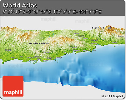 Physical Panoramic Map of the Area around 6° 7' 16" S, 150° 31' 30" E