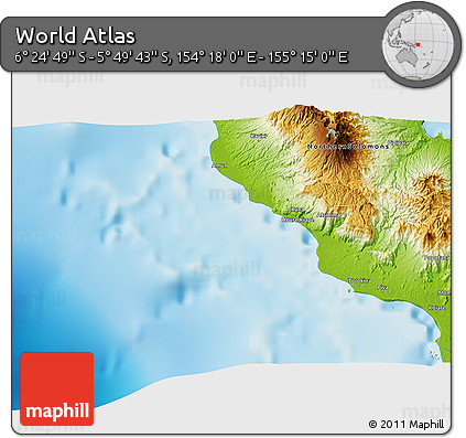 Physical 3D Map of the Area around 6° 7' 16" S, 154° 46' 30" E
