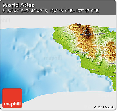 Physical 3D Map of the Area around 6° 7' 16" S, 154° 46' 30" E