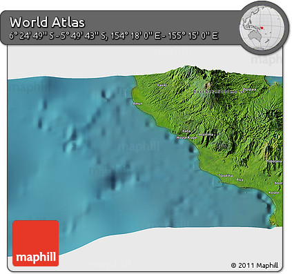 Satellite 3D Map of the Area around 6° 7' 16" S, 154° 46' 30" E