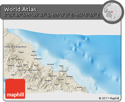 Shaded Relief 3D Map of the Area around 6° 7' 16" S, 155° 37' 30" E
