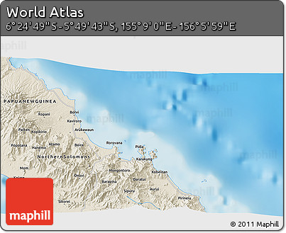 Shaded Relief 3D Map of the Area around 6° 7' 16" S, 155° 37' 30" E