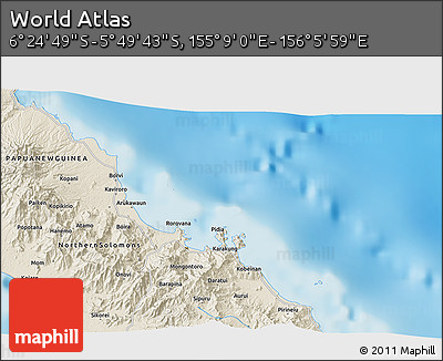 Shaded Relief 3D Map of the Area around 6° 7' 16" S, 155° 37' 30" E