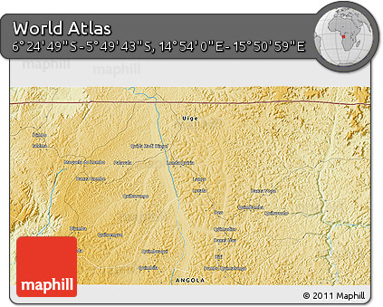 Physical 3D Map of the Area around 6° 7' 16" S, 15° 22' 30" E