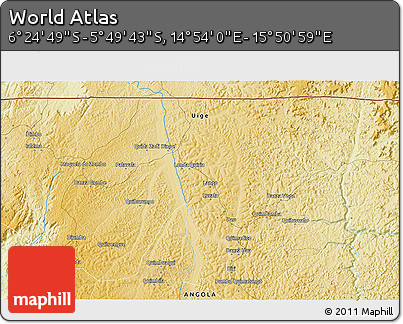 Physical 3D Map of the Area around 6° 7' 16" S, 15° 22' 30" E
