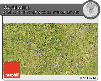 Satellite 3D Map of the Area around 6° 7' 16" S, 23° 1' 29" E